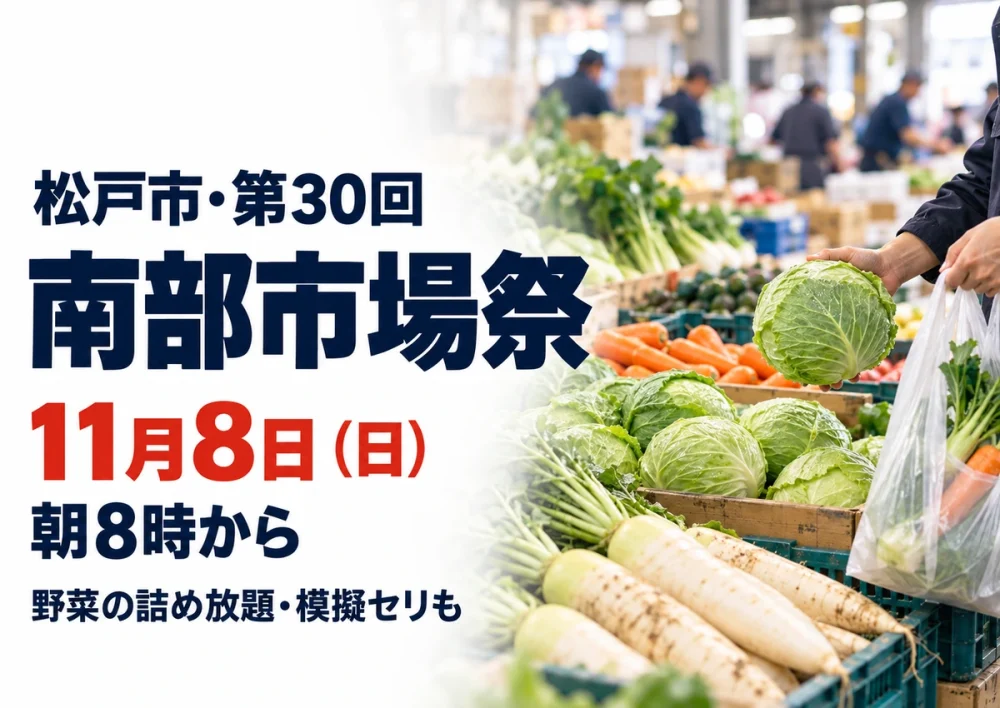 【松戸市】第30回 松戸市南部市場祭は11月8日！朝8時から、野菜の詰め放題やビンゴ大会、模擬セリものアイキャッチ